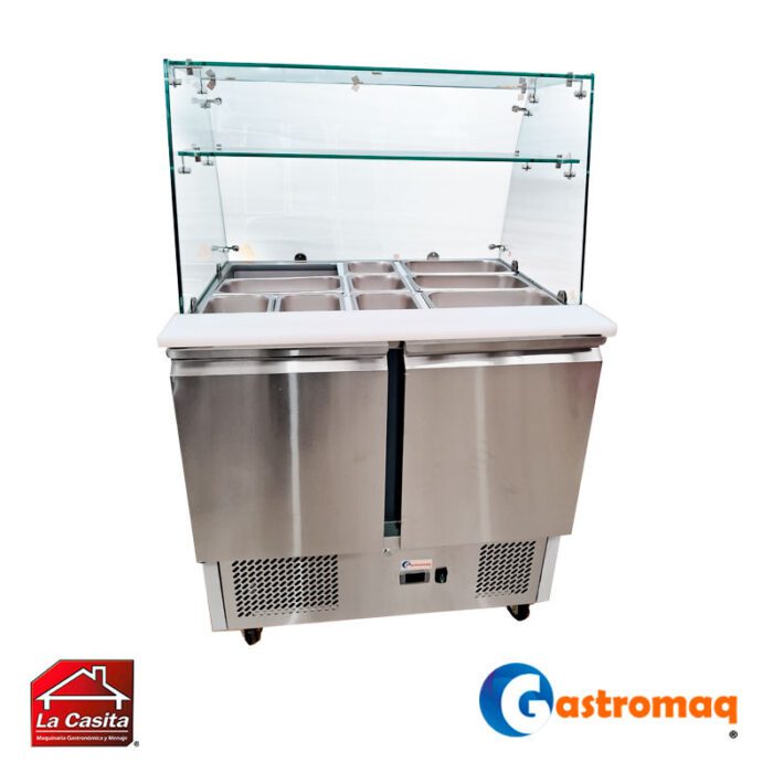 Mesón Saladette 10 Depósitos 2 Puertas Cúpula Vidrio+Repisa Gastromaq